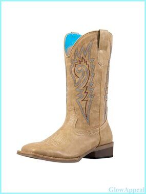 Wide Calf Square Toe Western Cowboy Boots Embroidered Faux Leather
